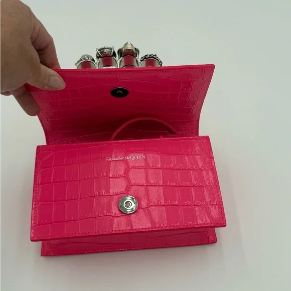 Alexander McQueen Vibrant Pink Croc embossed mini satchel - Picture 3 of 7